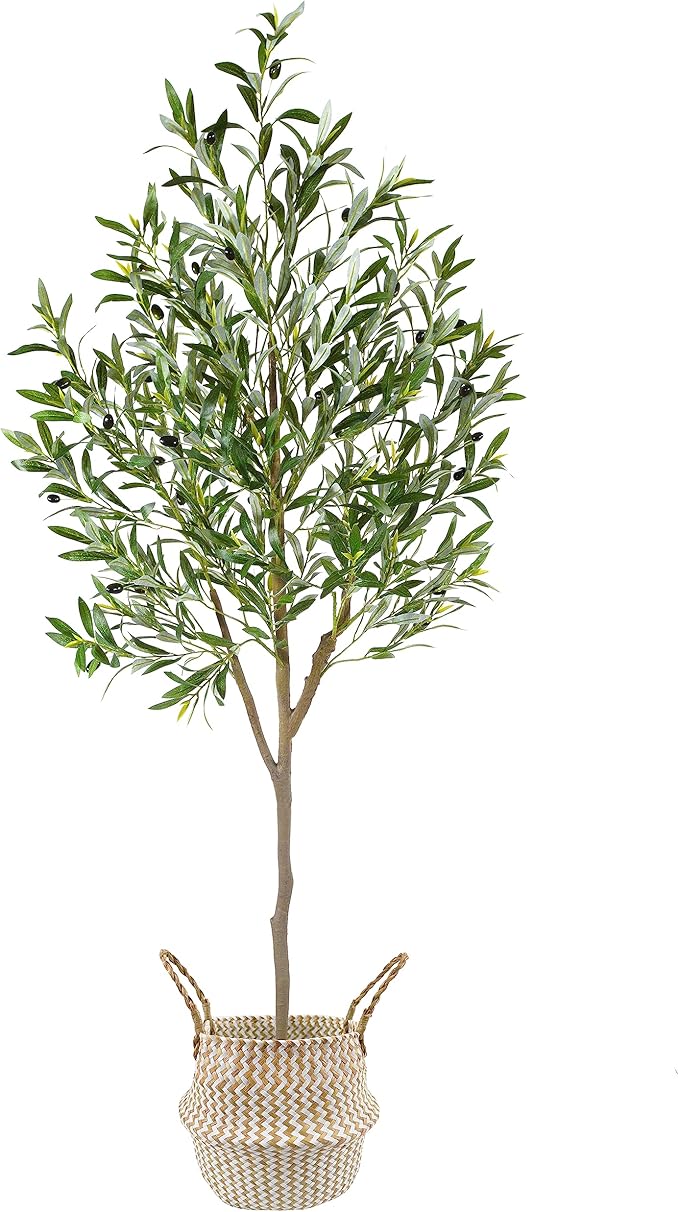 Warmplants Artificial Olive Tree, 6ft Tall Fake Olive Leaves Plant with Basket, Indoor Outdoor Faux Olive Topiary Silk Tree for Home Livingroom Office Décor