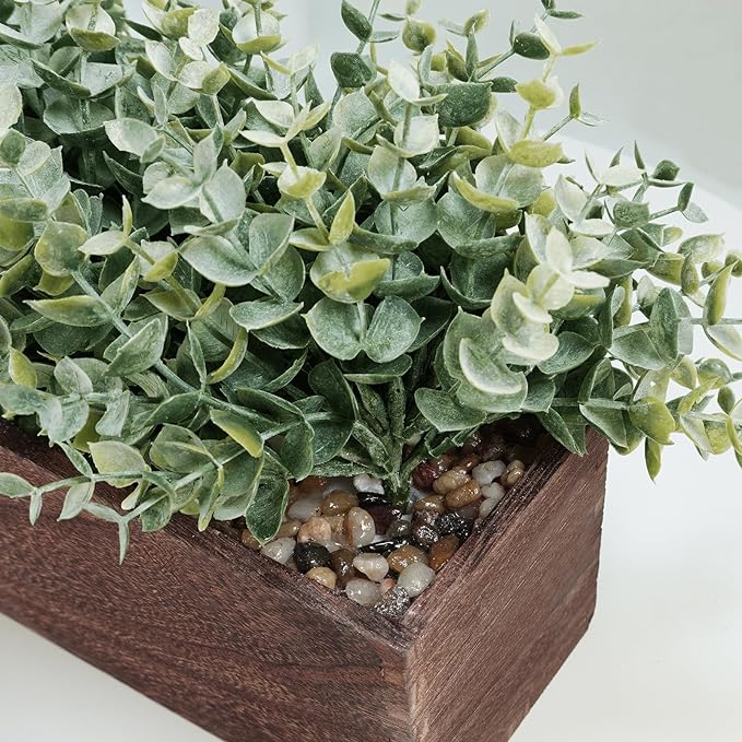 Winlyn 14" Artificial Eucalyptus in Rectangular Wood Planter Box Faux Plants Arrangement Centerpiece Wooden Potted Eucalyptus Plant for Farmhouse Wedding Dining Table Centerpiece Greenery Mantel Décor