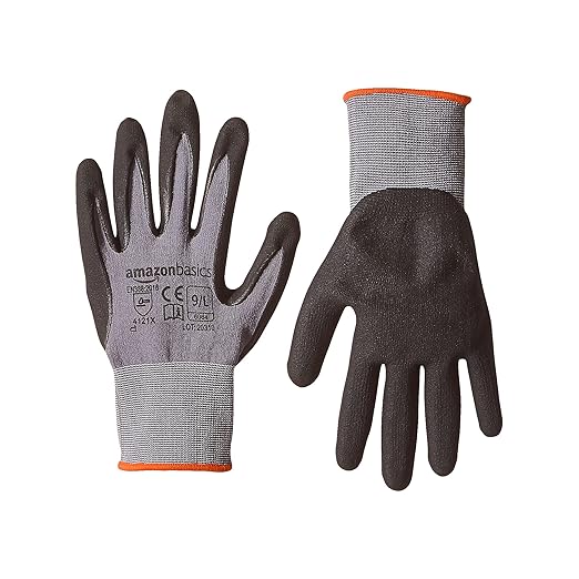 Amazon Basics Micro-Foam Nitrile Coated Safety Work Gloves, Nylon Liner Fiber, Touch Screen Compatible, Grey, Size 9, Large, 6-Pack