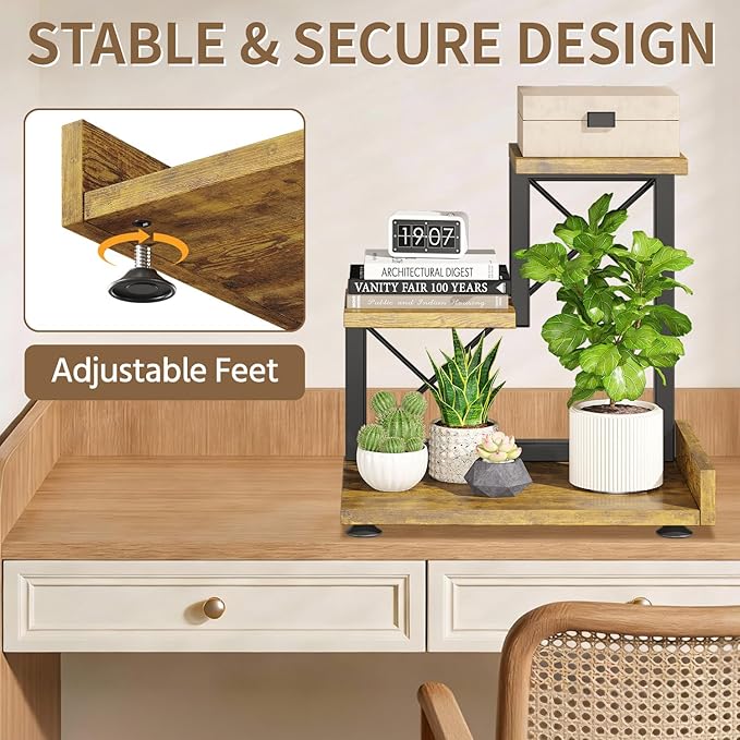 LASZOLA Indoor 3 Tier Table Top Corner Plant Stand, Heavy Duty Wood and Metal Succulents Shelf, Vertical Countertop Planter Display Rack Organizer for Office Kitchen, Desk Accessories, Rustic Brown