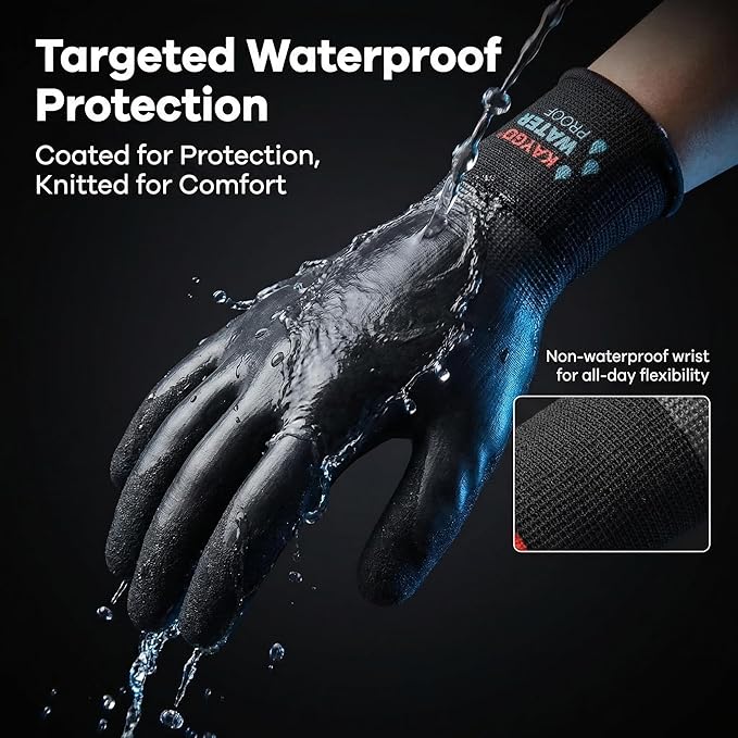 KAYGO Waterproof Work Gloves for Men and Women, Rubber Coated Non-slip Working Gloves for Garden, Outdoor Construction,3 pairs,Black,S