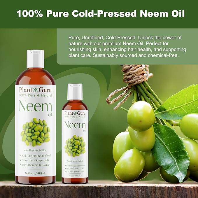 Plant Guru Neem Oil 2 fl. oz. – Unrefined Cold Pressed 100% Pure Natural – Nourishing for Skin, Hair, and Scalp – Hydrating and Moisturizing.