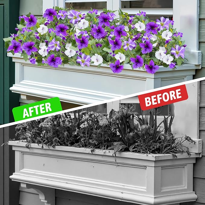 Alotiki Artificial Fake Flowers for Outdoor Plants Decoration,4 Pcs Faux Petunias Flowers Plants UV Resistant Silk for Porch Yard Garden Home Indoor Decor(Purple White)