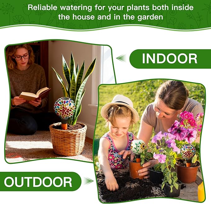 VOREEN Mosaic Plant Watering Globes with Terracotta Watering Spikes, 17oz Glass Self Watering Globes for Indoor & Outdoor Potted Plants, Decorative Water Drippers, Set of 2