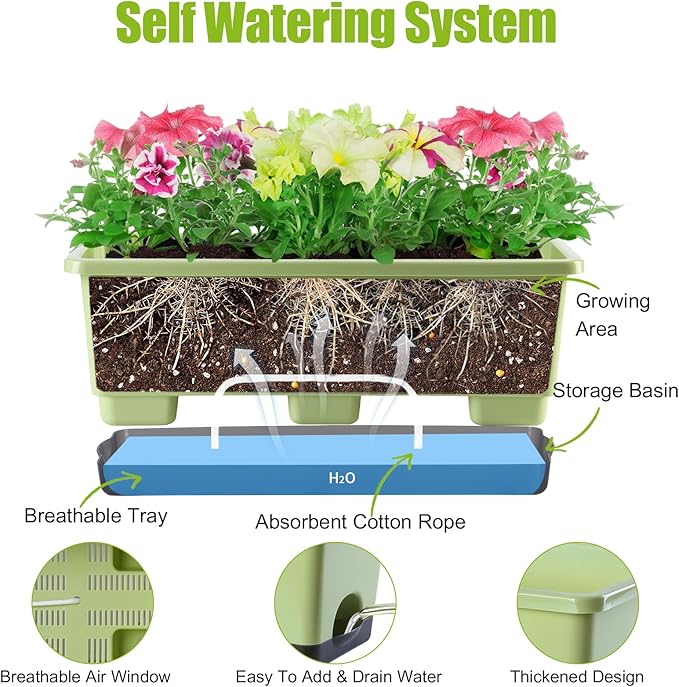 Oliz Window Box Planter 8 Pcs, 17 Inches Rectangle Flower Pots with Drainage Holes & Trays, Vegetable Planters for Windowsill Patio Garden Balcony Home Indoor Outdoor (Light Green, 16 * 7 * 6 inch)