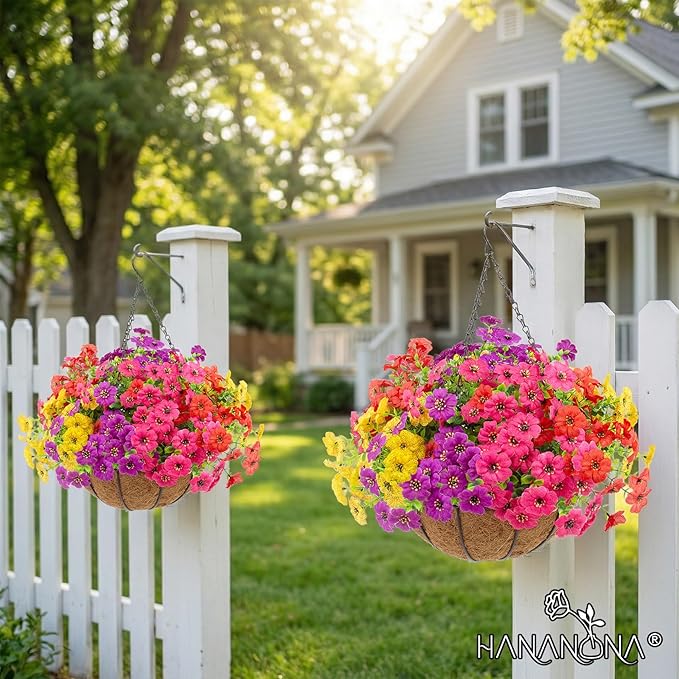 Hananona 2 Set Artificial Outdoor Flowers with Hanging Basket, 2 Hanging Planters with 24 Pcs Flowers for Spring Summer Front Porch Garden Patio Home Decor (2, Red, Purple, Yellow, Rose Red)