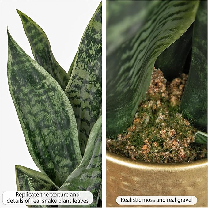 DILATATA Artificial Snake Plant in Gold Pot, 18” Faux Sansevieria Potted Plant for Home Office Decor, Fake Snake Plants Indoor Modern Tabletop Decor Faux Mother in Law Tongue