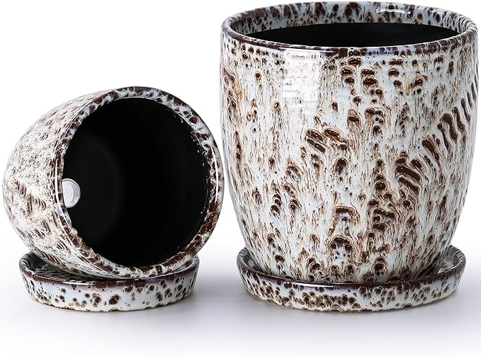 Set of 2 Ceramic Planters with Drainage Holes & Saucers - 4 + 5.75 Inch Earthy Speckled Reactive Glaze Flower Pots - Unique Brown Blue & White Decorative Pots for Indoor Outdoor Succulents, Orchids