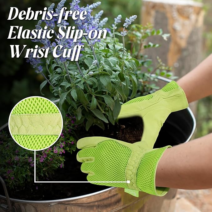 HANDLANDY Work Gloves for Women, Breathable Leather Gardening Glove for Yard Maintenance, Hand Protection with Touch Screen