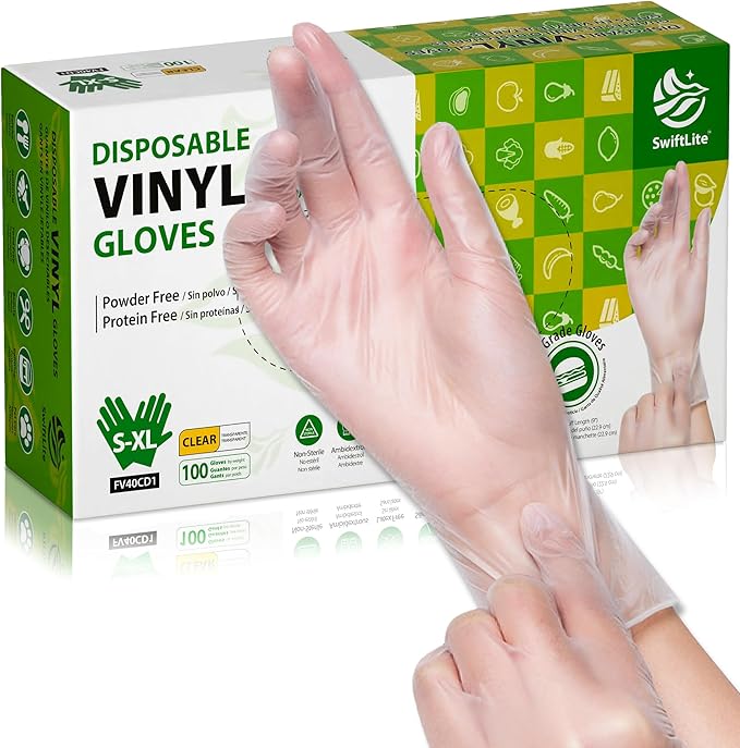 SWIFTLITE Disposable Vinyl Gloves, Food Safe, Latex-Free Powder-Free Clear Plastic Gloves for Cooking, House Clean, Food Prep
