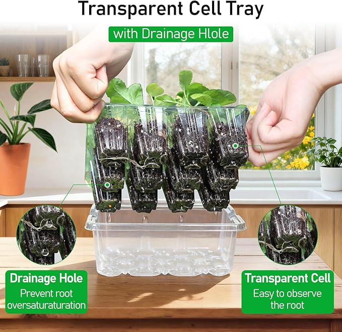 MIXC Seed Starter Tray with Elevated Lid, 120 Cells Seed Starter Kit with Adjustable Humidity Dome, Drainage Hole, Clear Heightened Lids for Indoor Outdoor Greenhouse Gardens, 10 Pack, Transparent