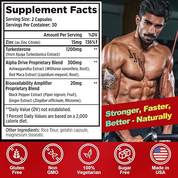 Testosterone Supplement for Men - Testosterone Booster for Men, 4X Strength Male Enhancing Supplement with Turkesterone, Zinc, Ashwagandha, Maca Root for Workout, Muscle Builder, Energy - 60 Capsules