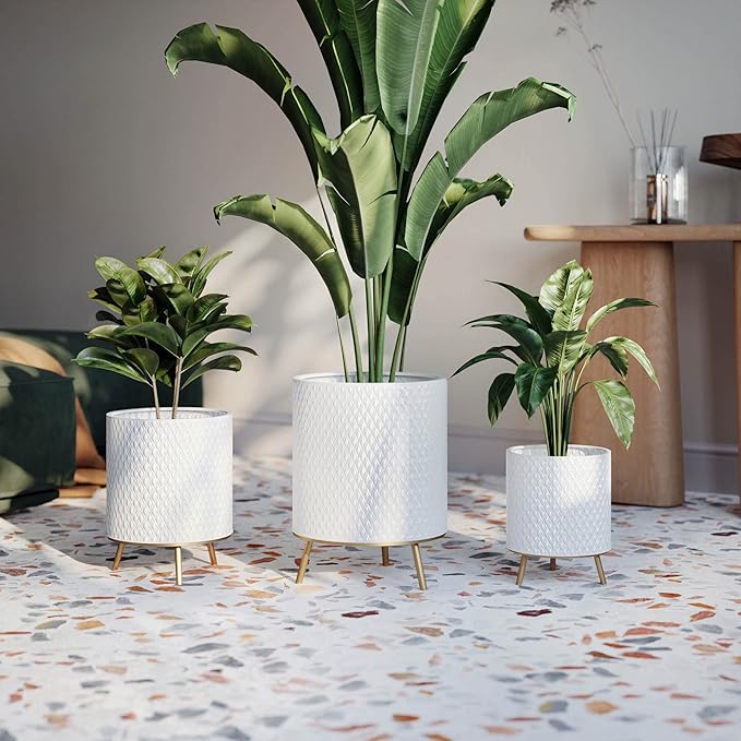EverNest Claire Honeycomb Neutral White Planter with Nyra Stand, Indoor Plant Pots, SelectBase, Mid-Century Modern, Boho Style Home Decor for Plants (Medium, Gold)
