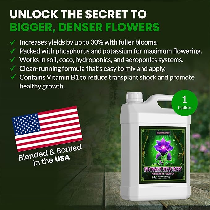 Humboldts Secret Flower Stacker | 0-7-5 Bloom Booster with Vitamin B1 | High Phosphorus Potassium Flowering Nutrients | Potting Soil Hydroponics Coco | Indoor & Outdoor Plants | 1 Gallon