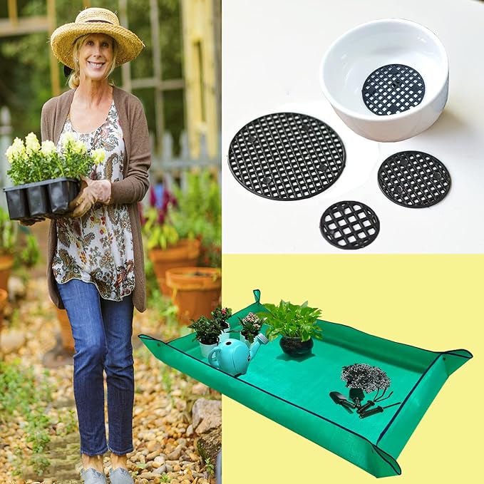 BIUWING 2PCS Repotting Mat for Indoor Plant Transplanting and Mess Control, 43" X 29" Waterproof Plant Potting Mat Foldable Gardening Succulent Plant Mat Large, with 30 Pieces Pot Hole Mesh Pads