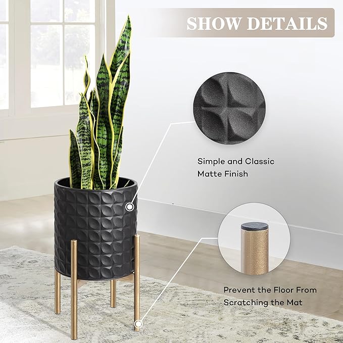 Oakrain Planters for Indoor Plants, Set of 2 Decorative Metal Planter Pots, Mid Century Modern Planter with Stand for Living Room, Office, Garden or Balcony, Textured Black, 8"&10"
