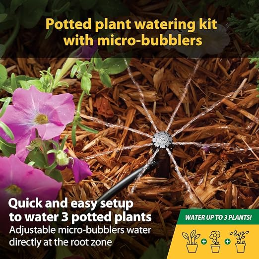 Rain Bird POTTEDKIT Drip Irrigation Container/Potted Plant Watering Kit, Connects to Faucet/Garden Hose, 1/4" Drip Tubing, 360° Micro Bubblers, T-Fittings and Pressure Regulator