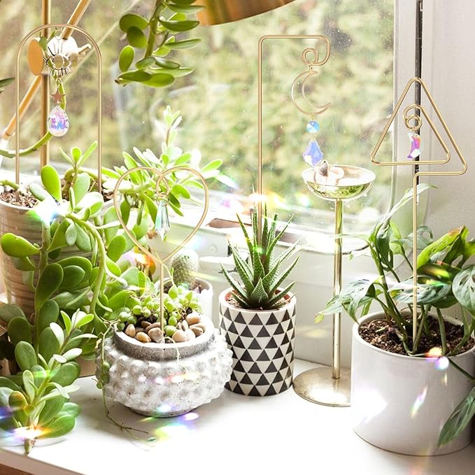 WellSign Small Trellis for Potted Plants Indoor with Colorful Crystal Sun Catcher, 14.17 Inch Metal Plant Lattice for Mini Potted Plant Decoration for Home Window Garden 4 Pack
