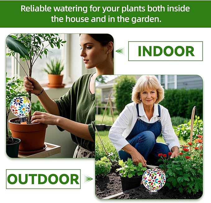VOREEN Mosaic Plant Watering Globes 2 Pack 500ml with Terracotta Spikes, Handmade Self-Watering Stakes for Indoor/Outdoor, Gift for Garden Lover, Automatic Watering Devices (Multi Colored Flowers)