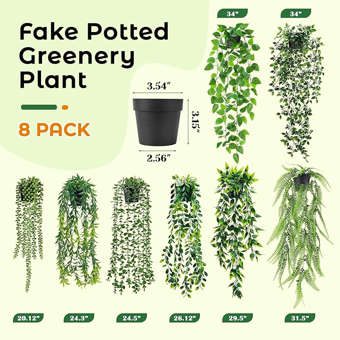Der Rose 8Pcs Fake Hanging Plants in Black Pots Artificial Ivy Vines Faux Eucalyptus Plants for Bathroom Bookshelf Wall Shelf Decor Indoor
