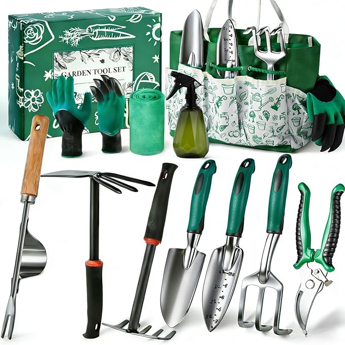 Garden Tool Set, 12-Piece Complete Stainless Steel Gardening Essentials, Heavy Duty Garden Tools with Large Storage Tote, Gardening Gifts for Women, Men, Mom & Dad Beginners Gardeners, Green