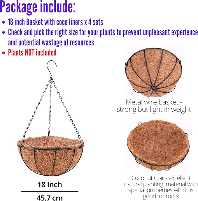 LaLaGreen Hanging Baskets for Plant Outdoor (18 Inch, 4 Pack) Extra Large Black Metal Wire Hanging Planter with Coco Liner Round Flower Pot Holder Hanger Deck Porch Modern Garden Balcony Country Decor