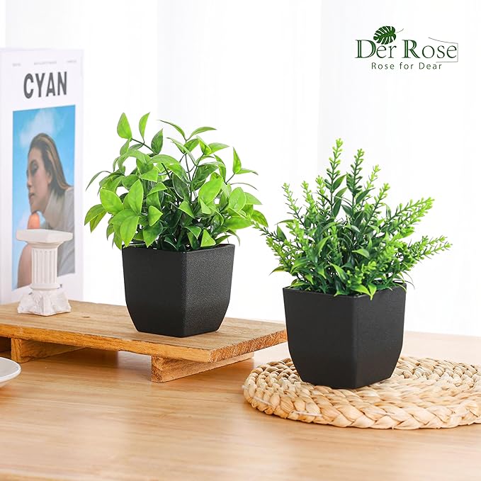 Der Rose 2 Pack Fake Plants Small Faux Artificial Small Potted Plants Indoor Black Bathroom Accessories for Home Office Farmhouse Bathroom Decor