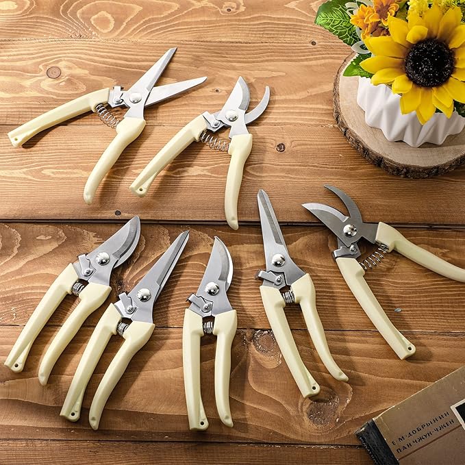 Therwen 12 Pcs Garden Shears Flower Scissors Pruning Shears Floral Garden Clippers Hand Pruners Branch Cutter Gardening Tools for Plants Cutting, Trimming, Fruits Picking (Beige,Bypass, Straight)