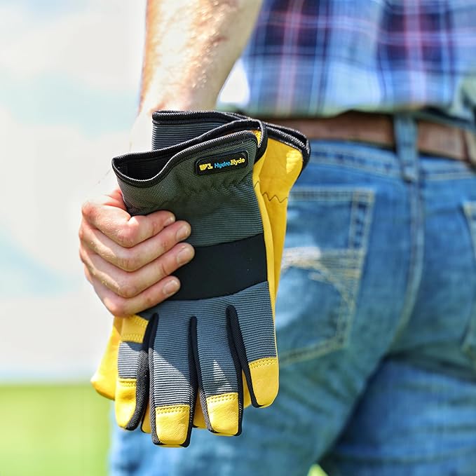 Wells Lamont Men's Slip-On HydraHyde Work Gloves – Water-Resistant Leather for Gardening, Landscaping – Reinforced Fingertips, Breathable Spandex – Durable, Comfortable, Flexible – Gray - XL