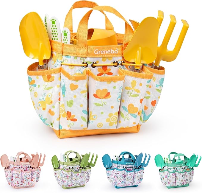 Grenebo Kids Gardening Set Toys,Includes Metal Trowel,Transplanting Shovel,Garden hat,Rake,Apron,Gloves,Watering Can,and Tool Organizer Bag (Yellow)
