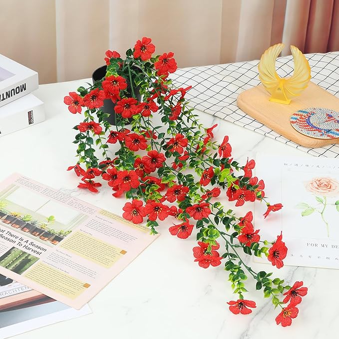 FAVOWREATH Fake Plants Hanging Artificial Potted Faux Eucalyptus Plants and Flowers for Modern Boho Farmhouse Bathroom Office Desk Wall Book Shelf Living Room Aesthetic Decor Indoor (Red)