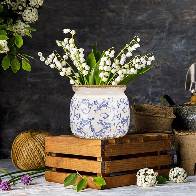 Vintage Planter Large Ceramic Plants Pot Blue Chinoiserie Crack Cottage Scroll Vase Flower Vase Pot Indoor Plants Home Kitchen Decor Farmhouse Antique Decorative Gift
