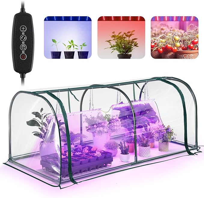 Meonum Mini Greenhouse with Grow Light, 51.18 "L x 25.59" W x 21.65" H Portable Greenhouses Waterproof UV-Resistant for Indoor/Outdoor Seed Starting(Dome Shape)
