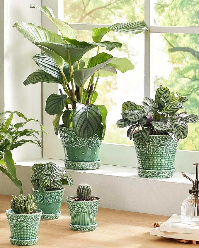 Metahom Ceramic Plant Pots, 5.8 Inch Flower Pots for Indoor Plants, Planters with Drainage Hole & Saucer, Green Planters for Succulent, Orchid, Cactus, Home Decor, Set of 4, Green