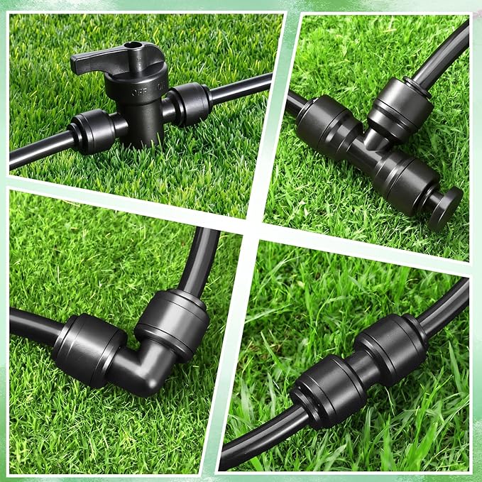 28 Pack 1/4" Quick Connect Fittings Kit,1/4 Inch Irrigation Tubing Fittings Anti-Drop Push to Connect for 1/4 Inch Drip Tubing 6 Coupling 6 Elbow 6 Tee 6 End Plug 4 Shut Off Valve