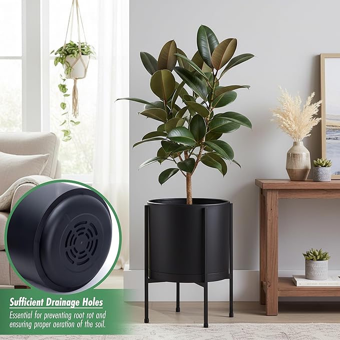 D'vine Dev 10 Inch Black Planter Pot with Stand – Modern Plastic Cylinder Flower Pot with Heavy-Duty Metal Stand for Indoor Plants, 55-D-B-2