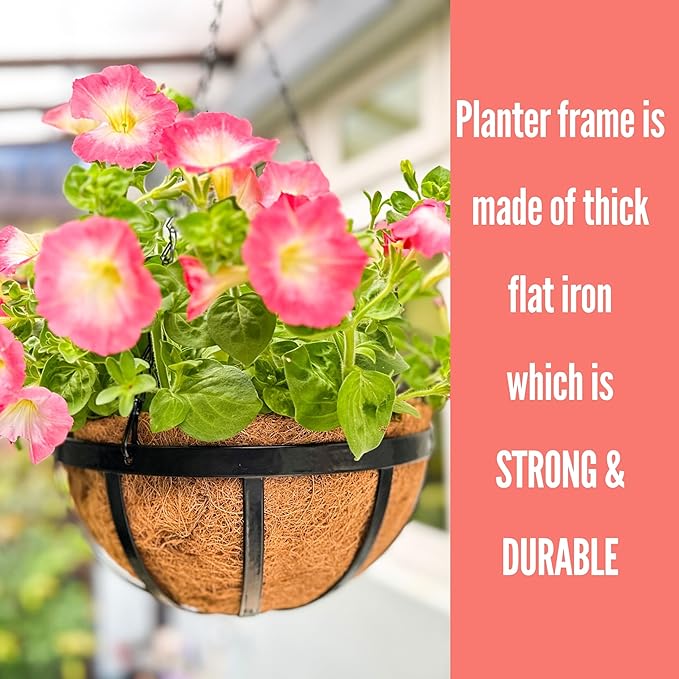 LaLaGreen Outdoor Hanging Baskets for Plants (14 Inch, 4 Pack) Large Hanging Planter with Coco Liner, Round Plant Flat Iron Metal Flower Pots for Deck Patio Porch Garden Balcony Outside Decoration