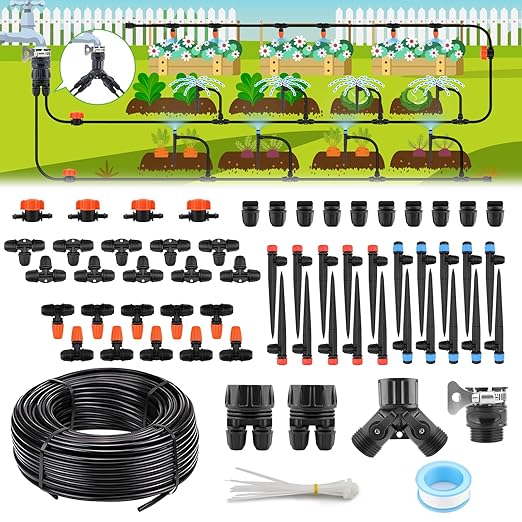 100FT Drip Irrigation System Kit, Automatic Watering System with 30 Adjustable Nozzles & 30M 1/4" Tubing – DIY Solution for Gardens, Greenhouses, Patios & Lawn – Effortless Plant Care + Water-Saving