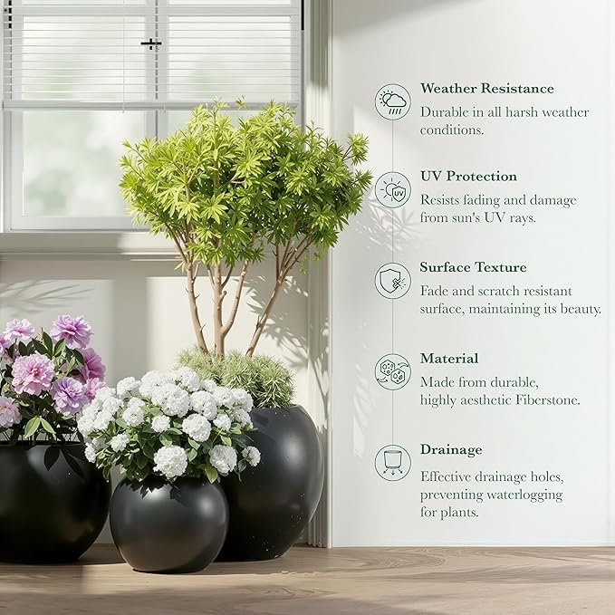 DTY Mount Sherman 21.1'' D x 16.7'' H (Pot Opening 14.6") Fiberstone Round Planter with Drainage Hole, Smooth Finishes, Weather Resistant for Indoor and Outdoor, 2 Extra Coco Mats - Black, Large