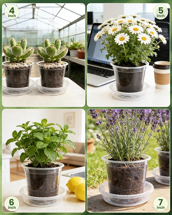 24 Packs Clear Nursery Pots for Plants with Saucers, 7/6/5/4 Inch Plastic Flower Pots with Drainage Hole, Variety Pack Seedlings Plant Pot with 24 Plant Labels