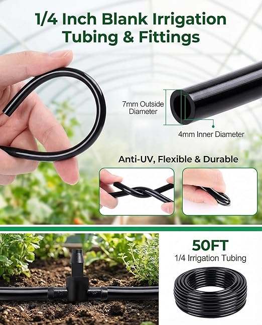 Drip Irrigation System，1/4" Blank Distribution Tubing Watering Hose, DIY Micro Sprinkler Automatic Plant Waterer for Garden, Greenhouse, Raised Bed, Patio & Outdoor Plants （50FT