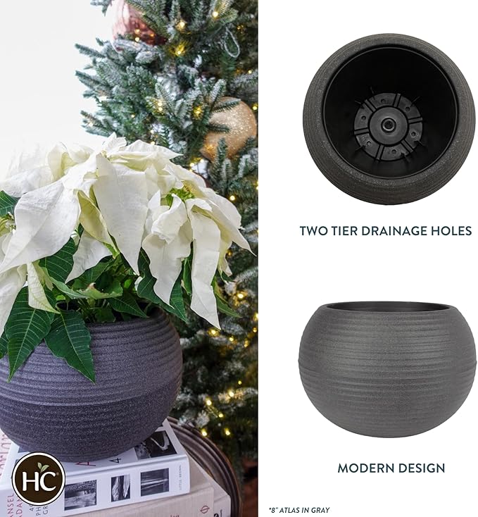The HC Companies 10 Inch Atlas Sphere Planter - Lightweight Decorative Round Indoor Outdoor Plastic Plant Pot for Herbs and Flowers, Gray