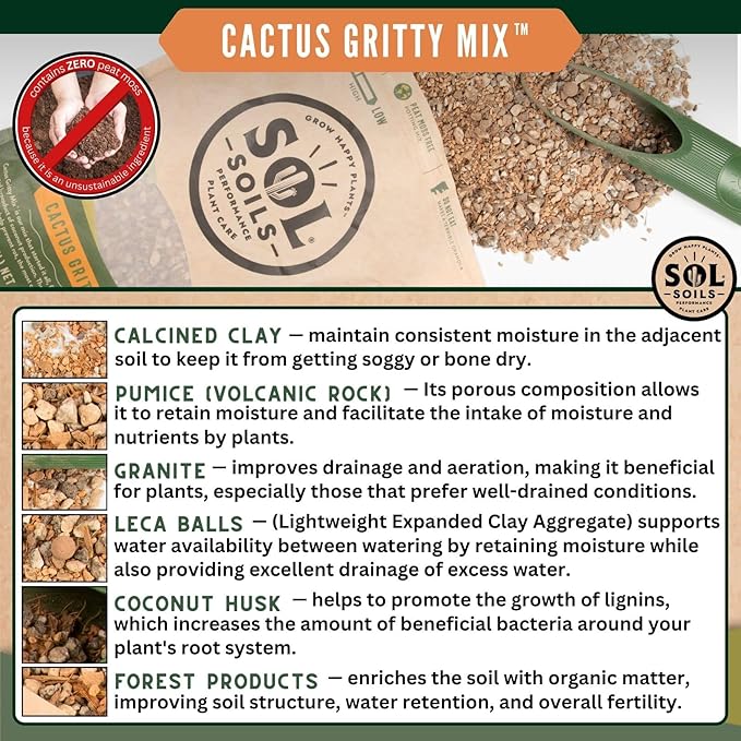 Sol Soils Cactus Soil Potting Mix - Fast Draining, Peat Moss Free, Gritty - 1 Quart - Coconut Husk, Granite, Calcined Clay, Pumice