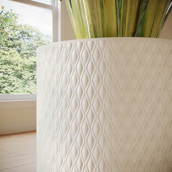 EverNest Claire Modern Indoor Plant Pot with Wooden Stand, White Pattern, 8 Inch, SelectBase, Neutral Mid-Century Modern Style, Metal Home Decor Planter (Small, 1 Gallon)