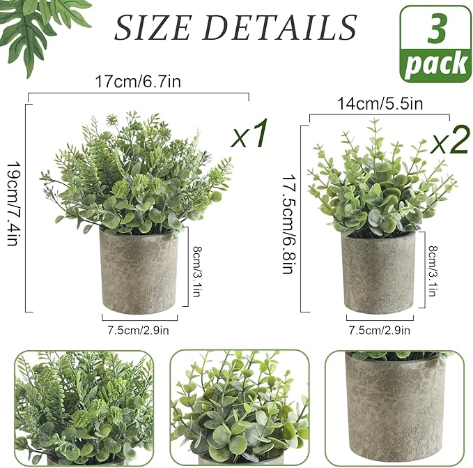 3 Pack Mini Potted Fake Plants Artificial Plastic Indoor Eucalyptus Plants for Home, Office, Desk, Bathroom, Coffee Table & Shelf (Light Green)