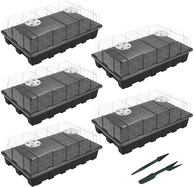 Gardzen 5-Set Seed Starter Tray Kits, Durable Plant Germination Trays with Humidity Vented Domes and Bases, Ideal for Seed Starting, Indoor Gardening, and Greenhouse (Total 200 Cells)
