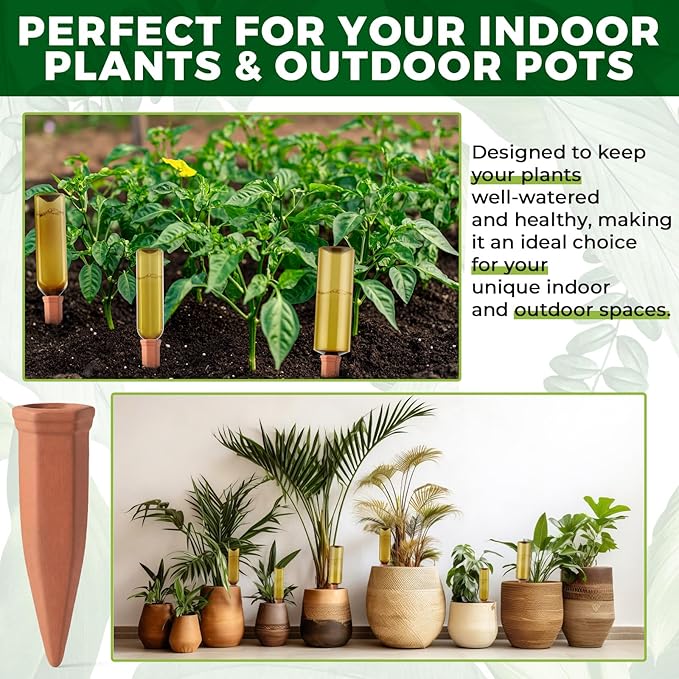12 Pcs 17oz 25oz 34oz Plant Watering Devices 6 Terracotta Self Watering Spikes 6 Plastic Bottles Slow Release Vacation Planter Insert Automatic Water System for Indoor Outdoor Potted Plant