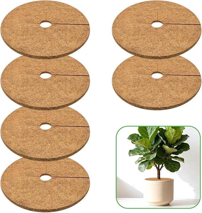 ZeeDix 6 Pack Coconut Fiber Mulch Ring, 14 Inch Coco Coir Tree Ring Mulch Mat, 100% Natural Tree Protector Mat Plant Cover Ring Coconut Coir Discs Tree Mats Mulch Rings for Indoor Outdoor Plants