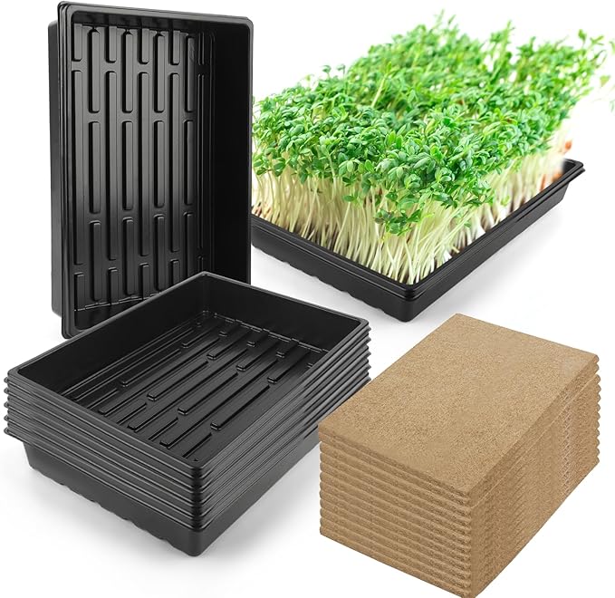 Microgreens Growing Trays Kit – 6 Pack Micro Green Grow Trays with 12 Hemp Fiber Grow Mats, 15 x 11 x 2.5 Inch Seed Starter Trays for Growing Microgreens, Indoor Gardening