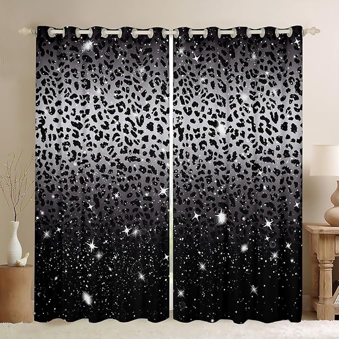 Cheetah Skin Blackout Curtains,Grey Black Leopard Print African Big Cat Curtains & Drapes,Sparkle Star Galaxy Glitter Window Treatments 2 Panels 42" Wx63 L,Wild Woodland Animals Window Curtains